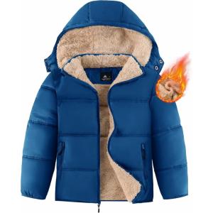 ZITY Boy’s Winter Coat Thermal Puffer Jacket Warm Sherpa Fleece Lined Water-Resistant Zip Outerwear Coat with Detachable Hood(Blue)