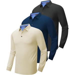 ZITY Long Sleeve Polo Shirts for Men 3 Pack Collared Performance Golf Polos Mens Casual Shirts Moisture Wicking Workwear(Beige  Navy  Dark Grey)