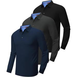 ZITY Long Sleeve Polo Shirts for Men 3 Pack Collared Performance Golf Polos Mens Casual Shirts Moisture Wicking Workwear(Black  Dark Blue  Dark Grey)
