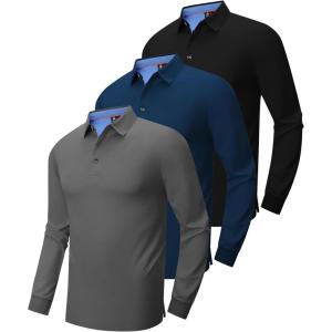 ZITY Long Sleeve Polo Shirts for Men 3 Pack Collared Performance Golf Polos Mens Casual Shirts Moisture Wicking Workwear(Black  Navy  Grey)