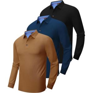 ZITY Long Sleeve Polo Shirts for Men 3 Pack Collared Performance Golf Polos Mens Casual Shirts Moisture Wicking Workwear(Brown  Black  Navy)