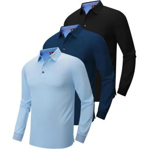 ZITY Long Sleeve Polo Shirts for Men 3 Pack Collared Performance Golf Polos Mens Casual Shirts Moisture Wicking Workwear(Light Blue  Black  Navy)