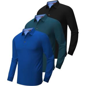 ZITY Long Sleeve Polo Shirts for Men 3 Pack Collared Performance Golf Polos Mens Casual Shirts Moisture Wicking Workwear(Royal Blue  Teal  Black)