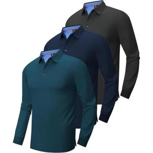 ZITY Long Sleeve Polo Shirts for Men 3 Pack Collared Performance Golf Polos Mens Casual Shirts Moisture Wicking Workwear(Teal  Deep Blue  Dark Grey)