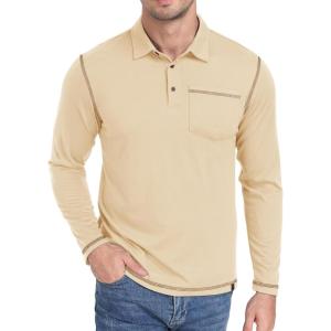 ZITY Men’s Casual Long Sleeve Polo Shirts Classic Button Cotton Work T-Shirt Collared Basic Golf Shirt with Pocket(Apricot)