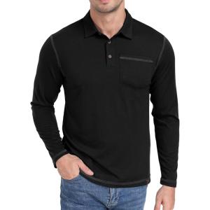 ZITY Men’s Casual Long Sleeve Polo Shirts Classic Button Cotton Work T-Shirt Collared Basic Golf Shirt with Pocket(Black)