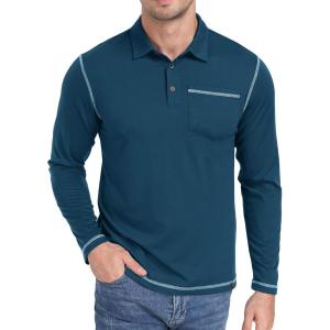 ZITY Men’s Casual Long Sleeve Polo Shirts Classic Button Cotton Work T-Shirt Collared Basic Golf Shirt with Pocket(Dark Teal Blue)