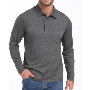 ZITY Men’s Casual Long Sleeve Polo Shirts Classic Button Cotton Work T-Shirt Collared Basic Golf Shirt with Pocket(Grey)