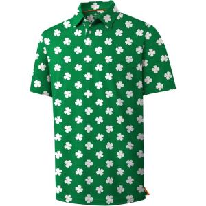 ZITY Mens Golf Shirts Short Sleeve Print Patterns Performance Moisture Wicking Polo Shirt(Green Clover)