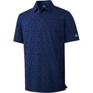 ZITY Mens Golf Shirts Short Sleeve Print Patterns Performance Moisture Wicking Polo Shirt(Navy Blue Leaves)