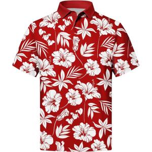 ZITY Mens Golf Shirts Short Sleeve Print Patterns Performance Moisture Wicking Polo Shirt(Red Flower)
