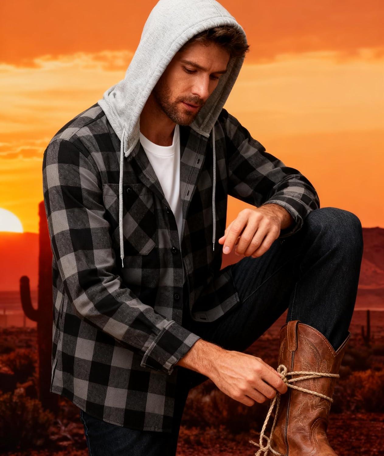 imageZITY 5 Pack Mens Flannel Hoodie Shirts Button Down Long Sleeve Casual Stylish Plaid Hooded Shirt with PocketBlack Blue Black Purple Dark Blue White Dark Gray Orange