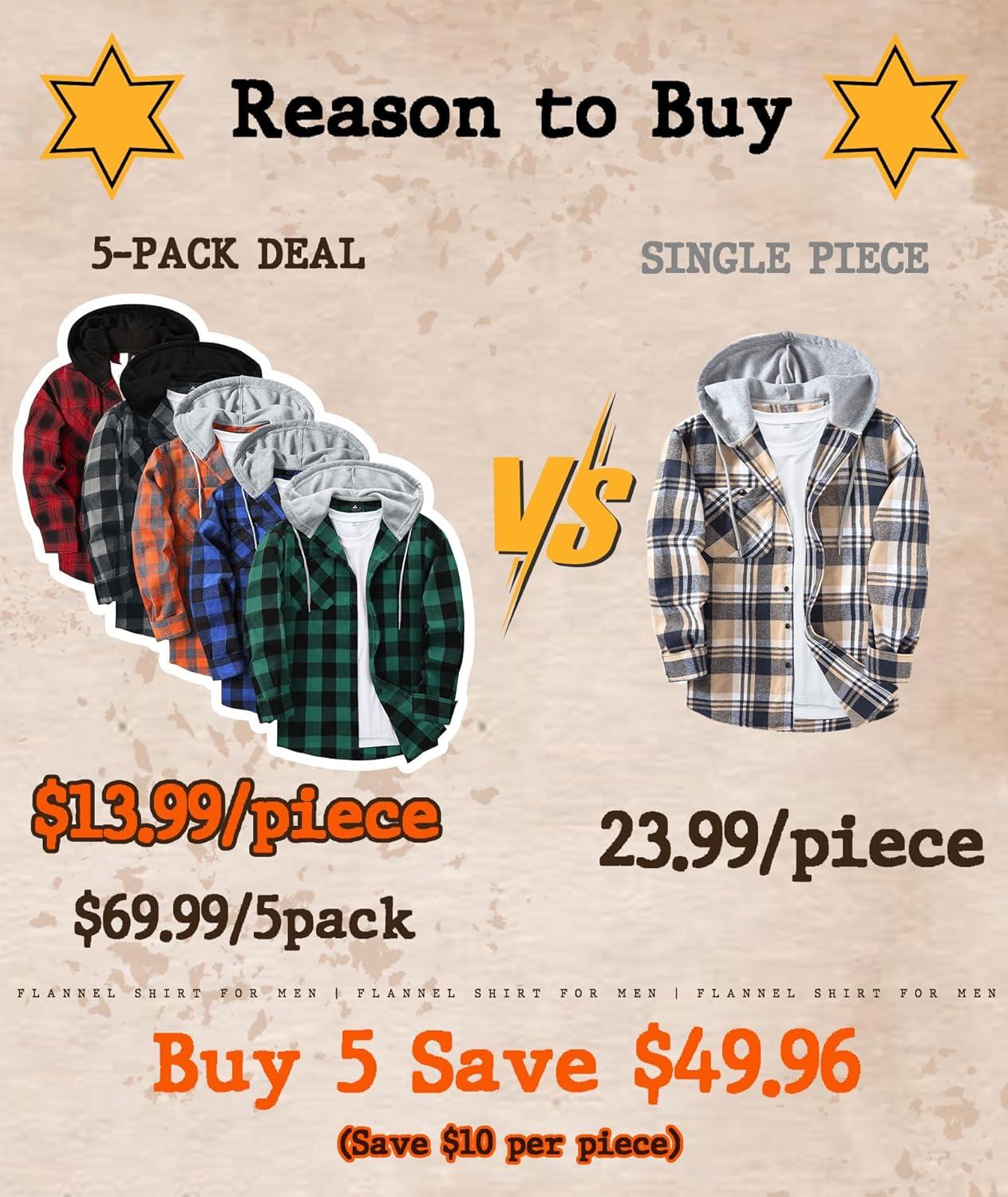 imageZITY 5 Pack Mens Flannel Hoodie Shirts Button Down Long Sleeve Casual Stylish Plaid Hooded Shirt with PocketBlack Gray Blue Green Orange Black Red
