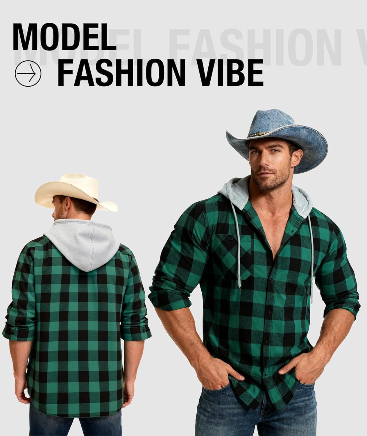 imageZITY 5 Pack Mens Flannel Hoodie Shirts Button Down Long Sleeve Casual Stylish Plaid Hooded Shirt with PocketBlack Gray Blue Green Orange Black Red