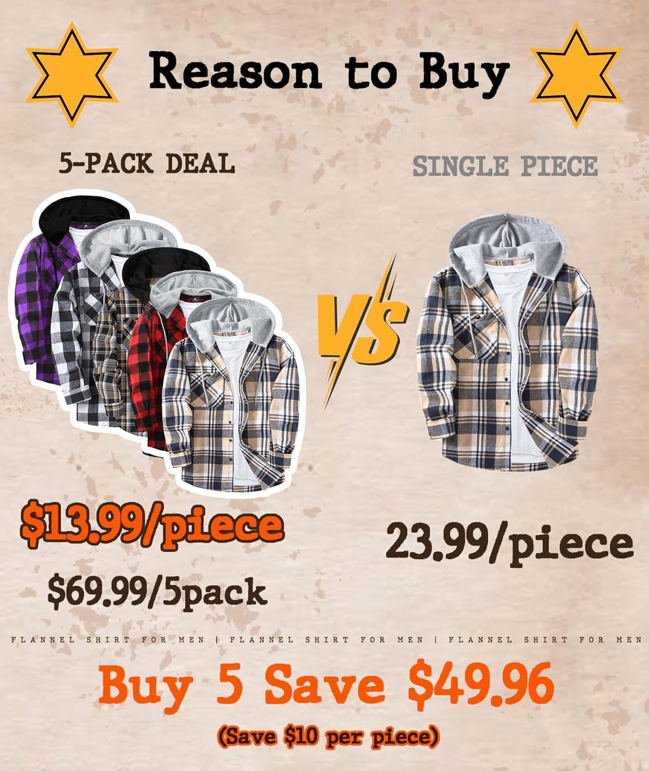 imageZITY 5 Pack Mens Flannel Hoodie Shirts Button Down Long Sleeve Casual Stylish Plaid Hooded Shirt with PocketBlack Gray Green Dark Blue Beige Navy Blue Black Red