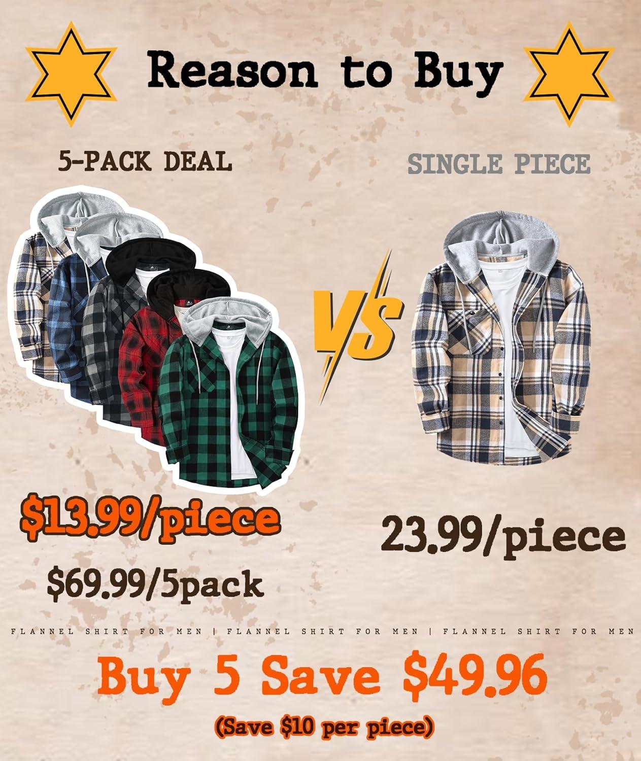 imageZITY 5 Pack Mens Flannel Hoodie Shirts Button Down Long Sleeve Casual Stylish Plaid Hooded Shirt with PocketBlack Gray Green Gray Navy Yellow Dark Blue Beige White Black
