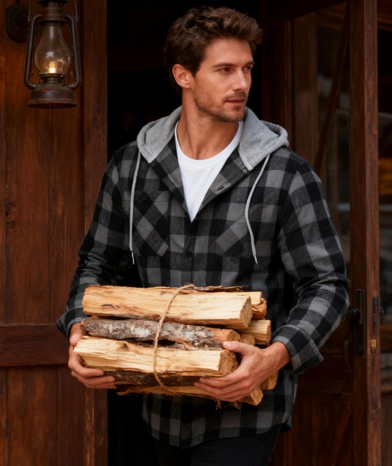 imageZITY 5 Pack Mens Flannel Hoodie Shirts Button Down Long Sleeve Casual Stylish Plaid Hooded Shirt with PocketBlack Purple Dark Gray Dark Blue Beige Dark Blue Brown Red