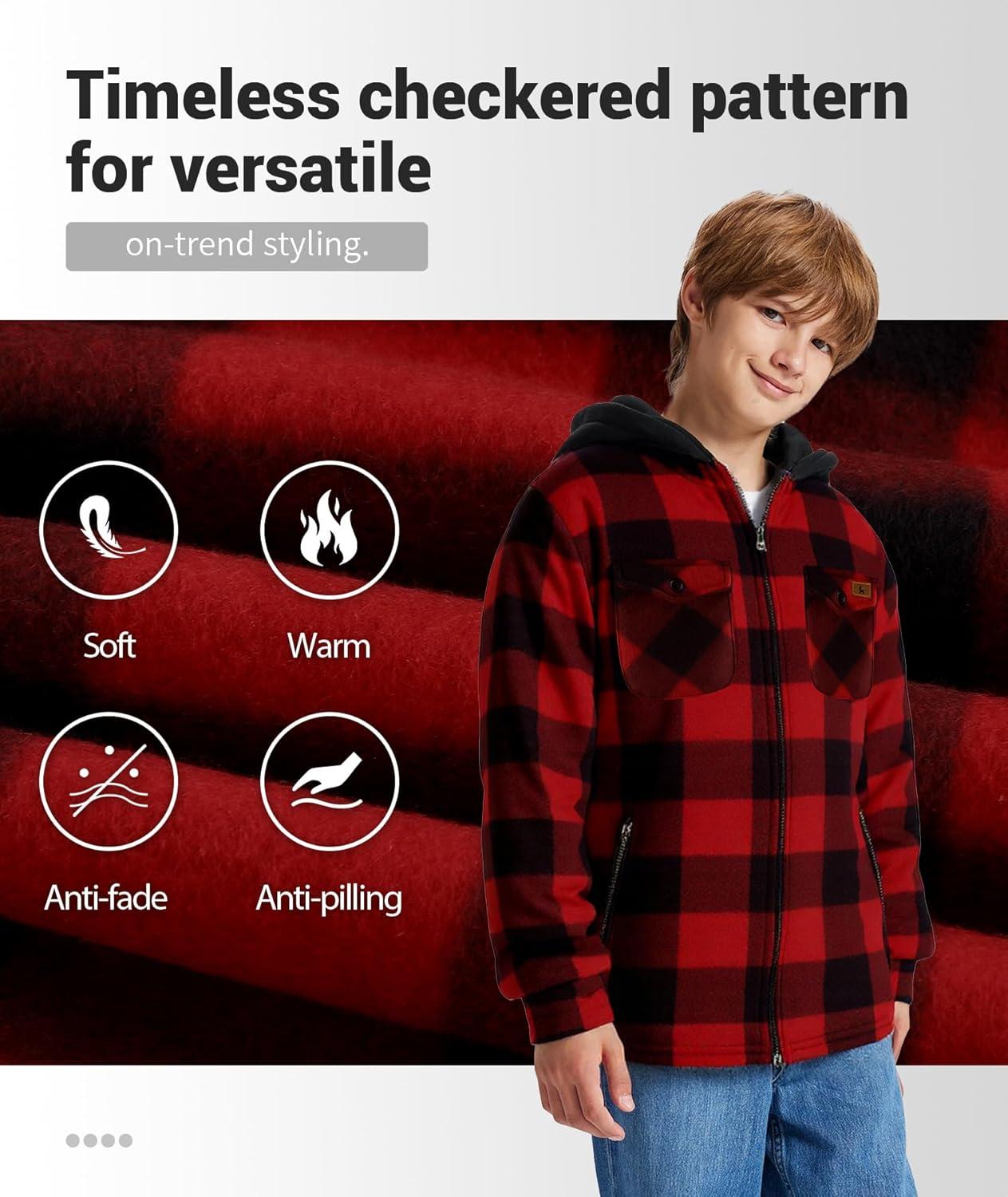 imageZITY Boys Flannel Jacket Sherpa Lined Hoodies Zip Up Fleece Plaid Shirt Unisex Winter Coat Kids Outerwear 615 YearsBlack Red