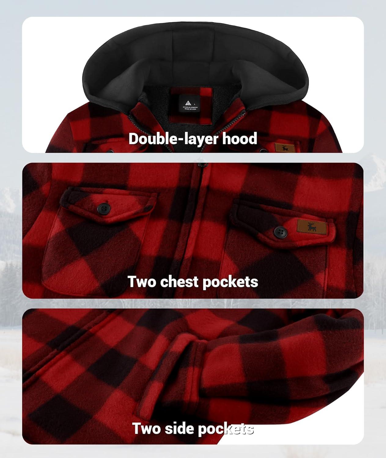 imageZITY Boys Flannel Jacket Sherpa Lined Hoodies Zip Up Fleece Plaid Shirt Unisex Winter Coat Kids Outerwear 615 YearsBlack Red