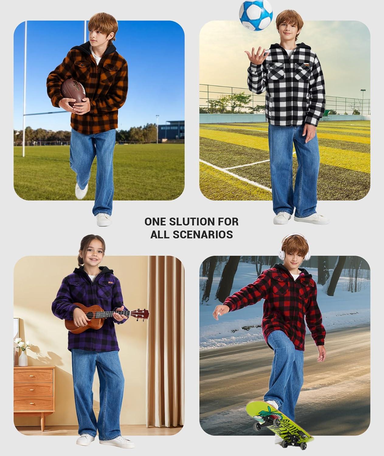 imageZITY Boys Flannel Jacket Sherpa Lined Hoodies Zip Up Fleece Plaid Shirt Unisex Winter Coat Kids Outerwear 615 YearsBlack White