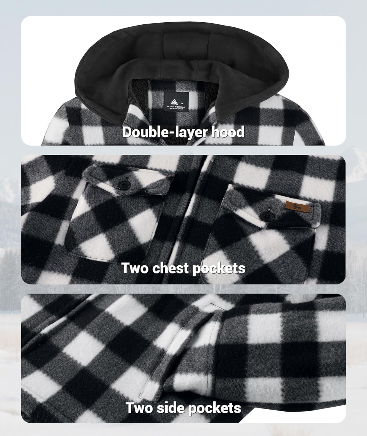 imageZITY Boys Flannel Jacket Sherpa Lined Hoodies Zip Up Fleece Plaid Shirt Unisex Winter Coat Kids Outerwear 615 YearsBlack White
