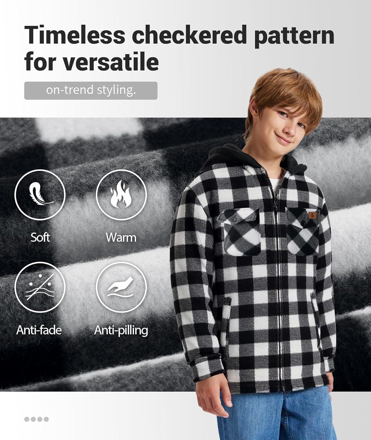 imageZITY Boys Flannel Jacket Sherpa Lined Hoodies Zip Up Fleece Plaid Shirt Unisex Winter Coat Kids Outerwear 615 YearsBlack White
