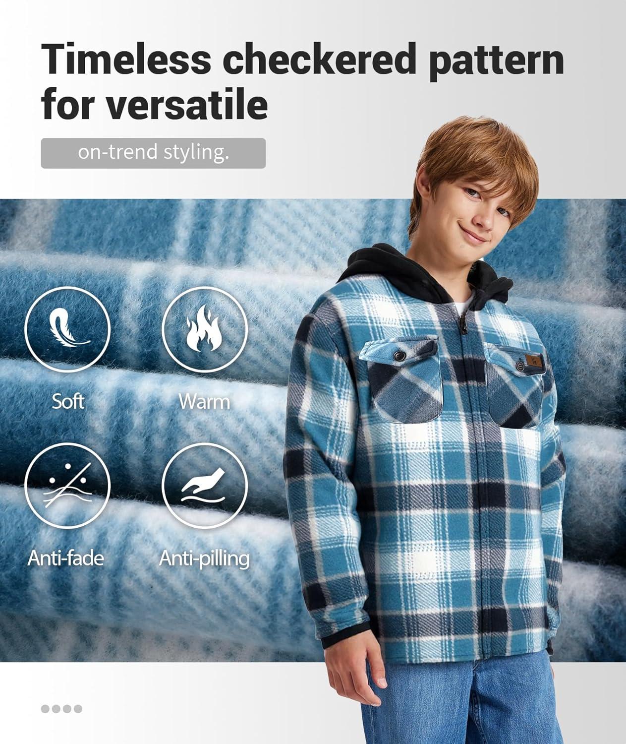 imageZITY Boys Flannel Jacket Sherpa Lined Hoodies Zip Up Fleece Plaid Shirt Unisex Winter Coat Kids Outerwear 615 YearsBlue White