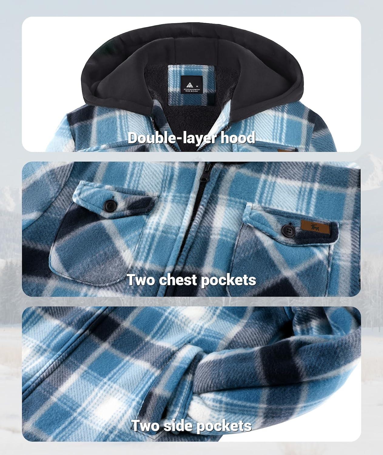 imageZITY Boys Flannel Jacket Sherpa Lined Hoodies Zip Up Fleece Plaid Shirt Unisex Winter Coat Kids Outerwear 615 YearsBlue White