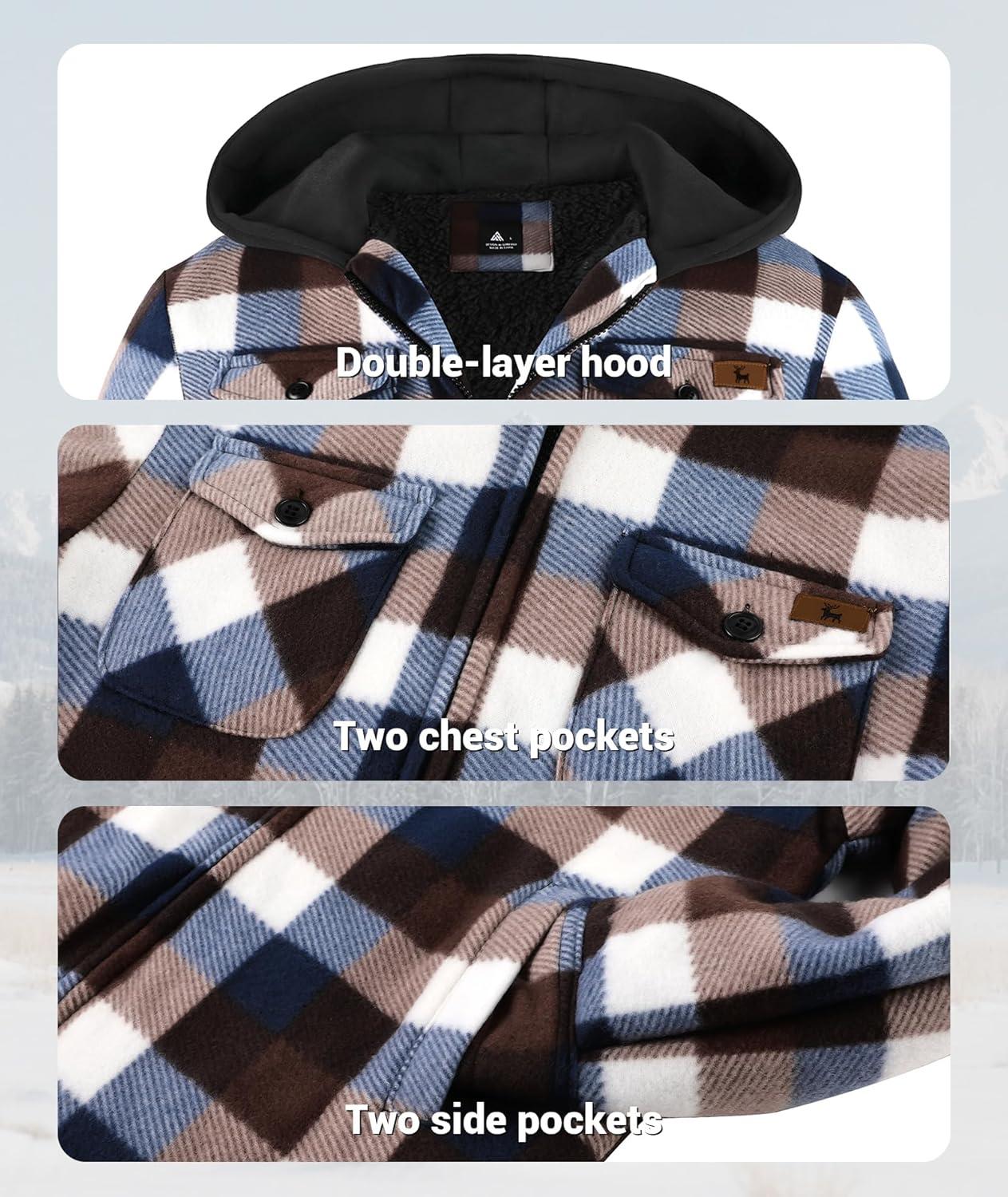 imageZITY Boys Flannel Jacket Sherpa Lined Hoodies Zip Up Fleece Plaid Shirt Unisex Winter Coat Kids Outerwear 615 YearsCoffee