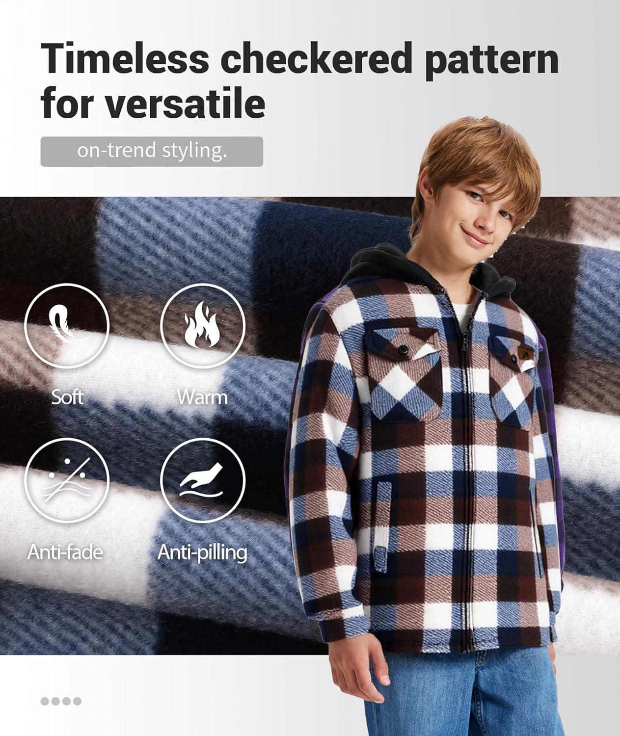imageZITY Boys Flannel Jacket Sherpa Lined Hoodies Zip Up Fleece Plaid Shirt Unisex Winter Coat Kids Outerwear 615 YearsCoffee