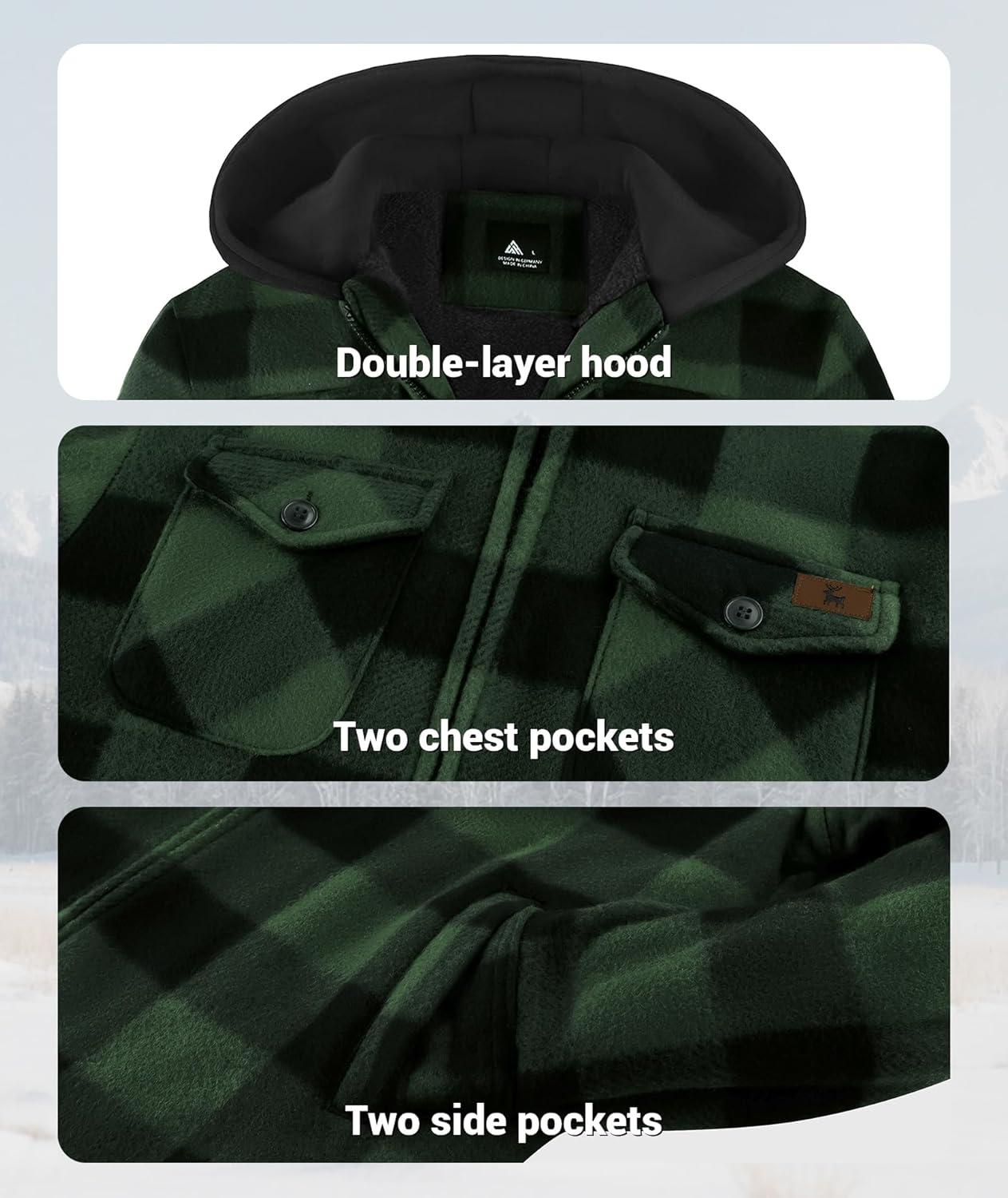 imageZITY Boys Flannel Jacket Sherpa Lined Hoodies Zip Up Fleece Plaid Shirt Unisex Winter Coat Kids Outerwear 615 YearsDark Green