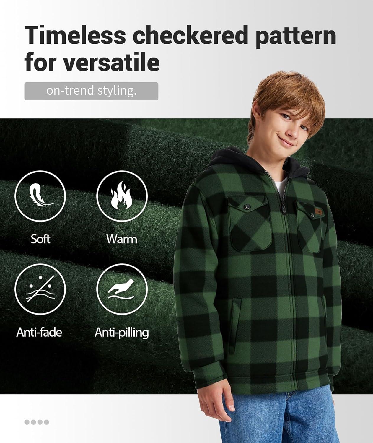 imageZITY Boys Flannel Jacket Sherpa Lined Hoodies Zip Up Fleece Plaid Shirt Unisex Winter Coat Kids Outerwear 615 YearsDark Green