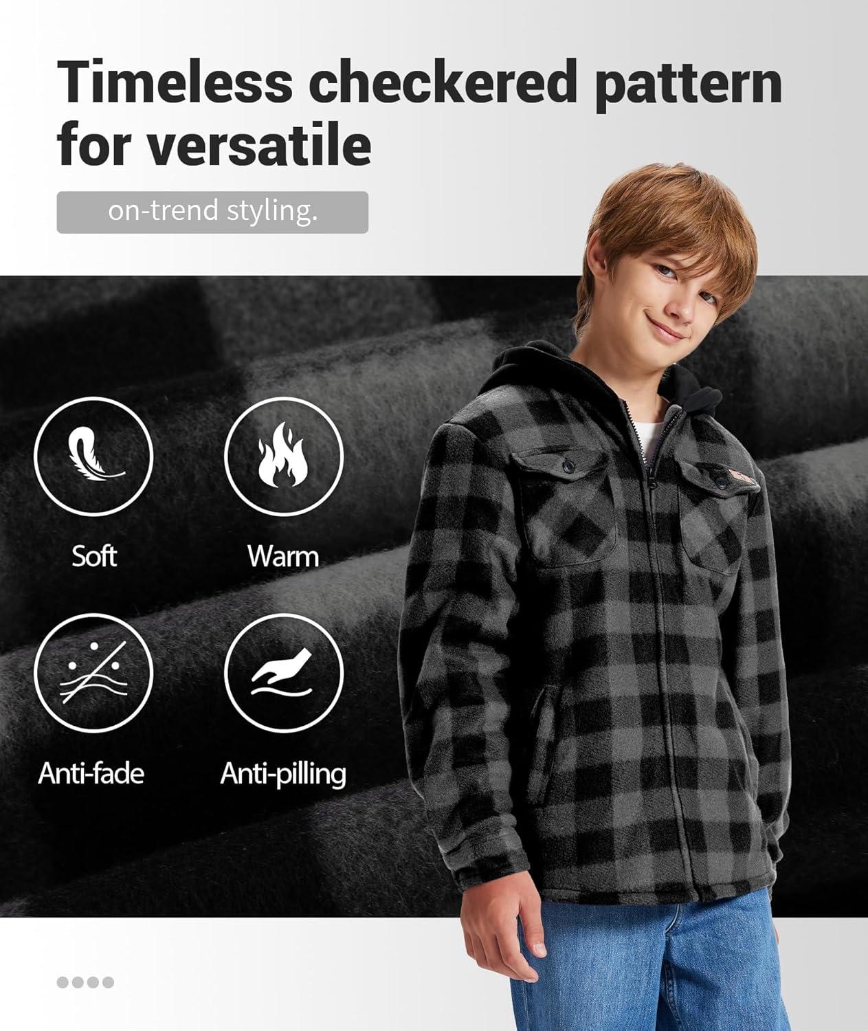 imageZITY Boys Flannel Jacket Sherpa Lined Hoodies Zip Up Fleece Plaid Shirt Unisex Winter Coat Kids Outerwear 615 YearsDark Grey