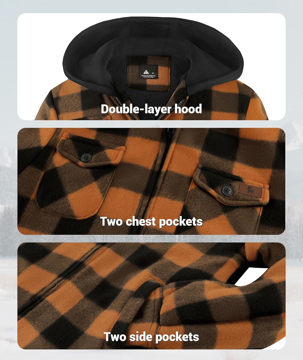 imageZITY Boys Flannel Jacket Sherpa Lined Hoodies Zip Up Fleece Plaid Shirt Unisex Winter Coat Kids Outerwear 615 YearsOrange Black