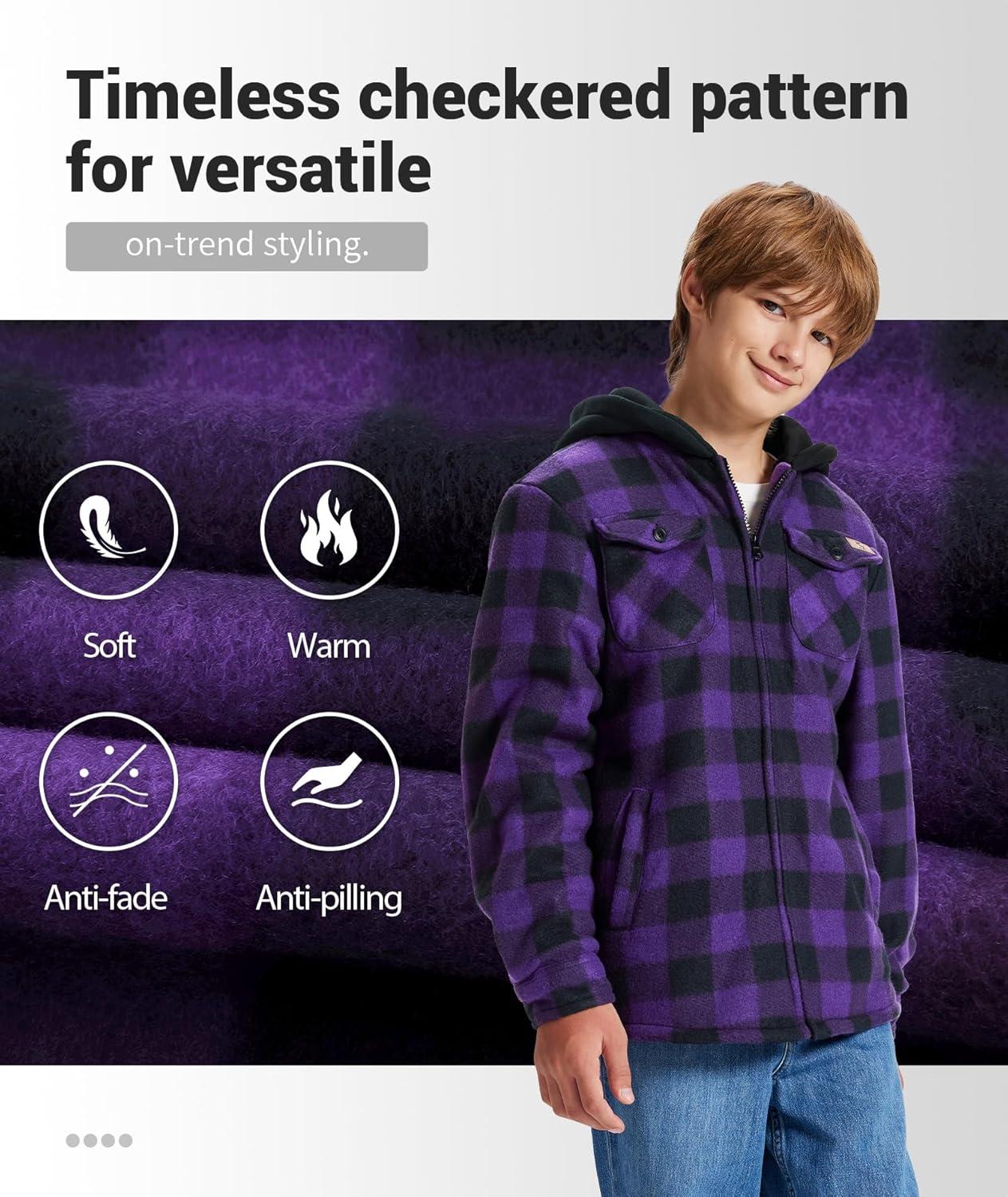 imageZITY Boys Flannel Jacket Sherpa Lined Hoodies Zip Up Fleece Plaid Shirt Unisex Winter Coat Kids Outerwear 615 YearsPurple