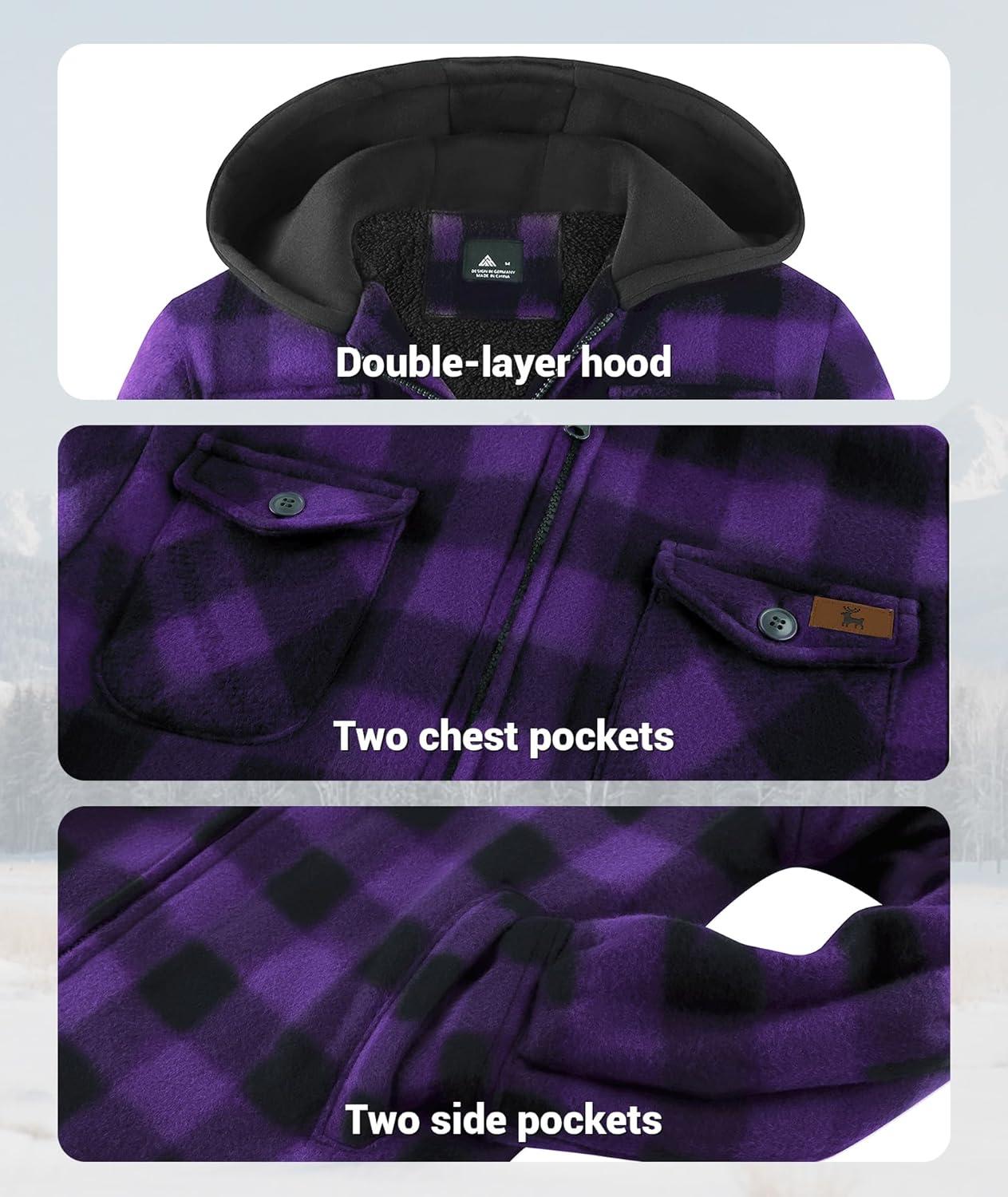 imageZITY Boys Flannel Jacket Sherpa Lined Hoodies Zip Up Fleece Plaid Shirt Unisex Winter Coat Kids Outerwear 615 YearsPurple