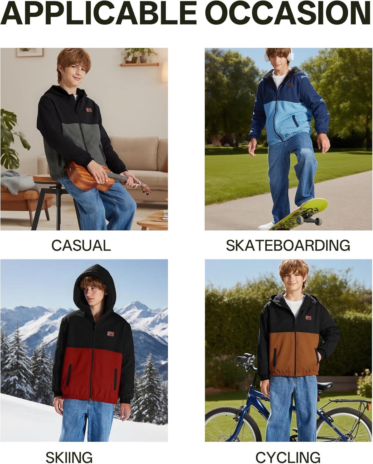 imageZITY Boys Fleece Jacket Sherpa Lined Hoodie Zip Up Sweatshirt Warm Outerwear Winter Coat for Kids 615 YearsRed Black