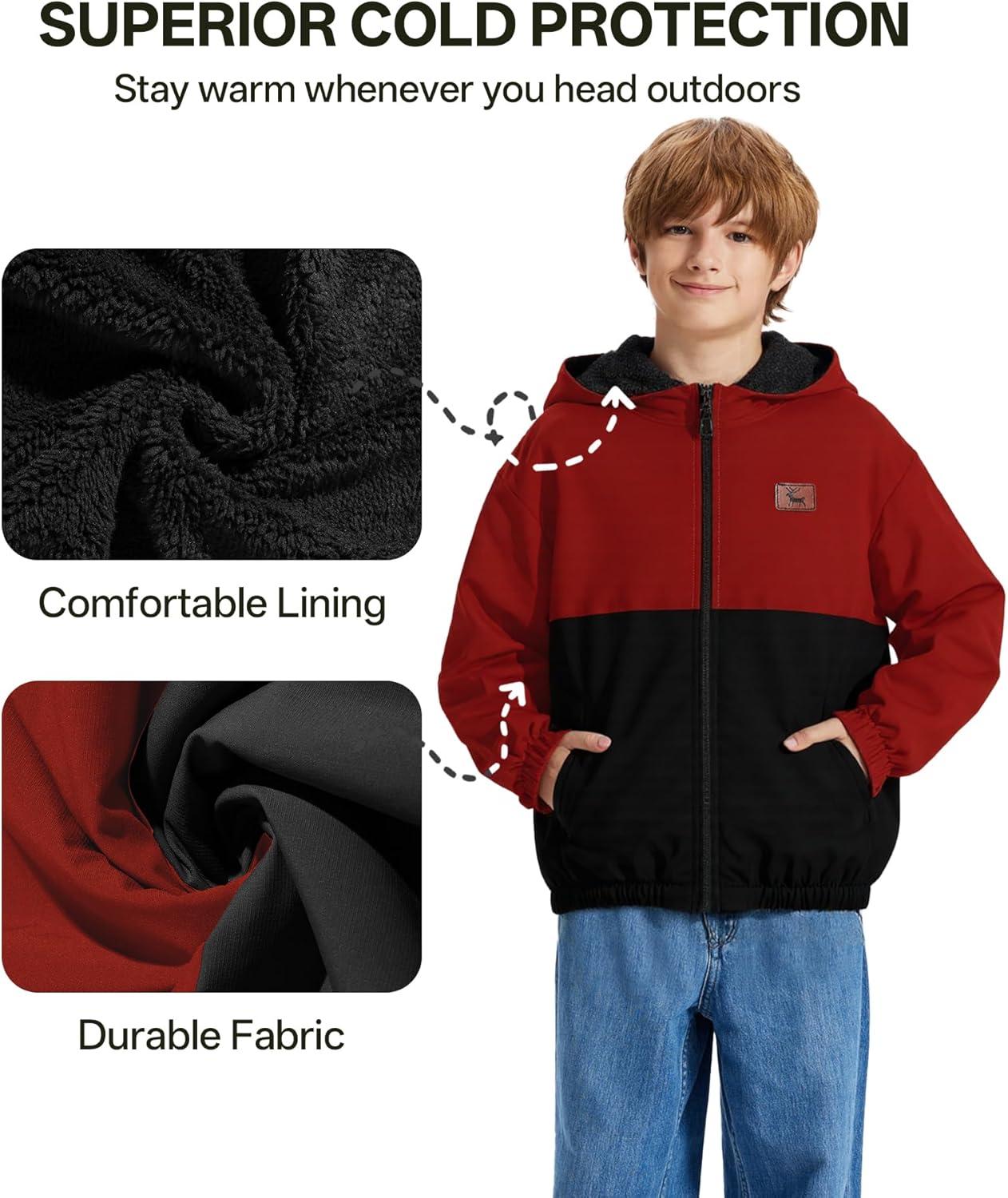 imageZITY Boys Fleece Jacket Sherpa Lined Hoodie Zip Up Sweatshirt Warm Outerwear Winter Coat for Kids 615 YearsRed Black