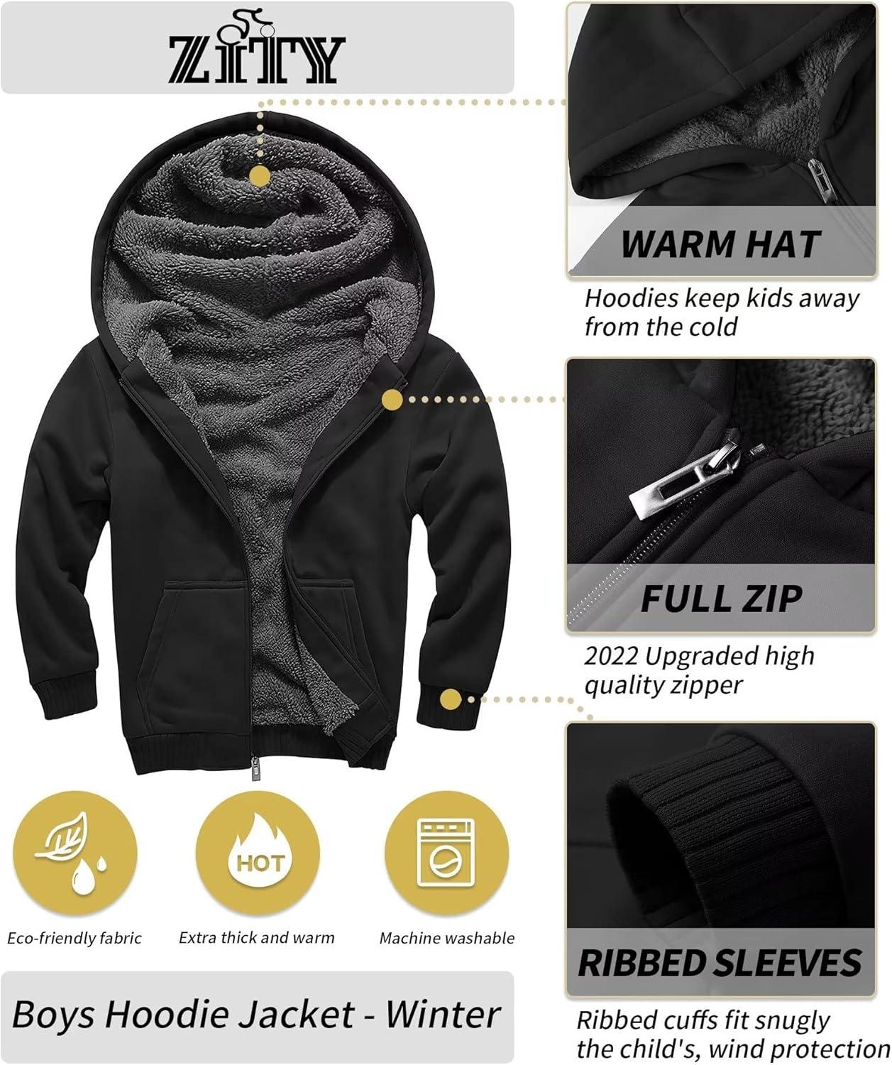 imageZITY Boys Zip Up Hoodie Fleece Jacket Kids Sherpa Lined Sweatshirts Outerwear Unisex Warm Winter Coat 615 Years OldBlack