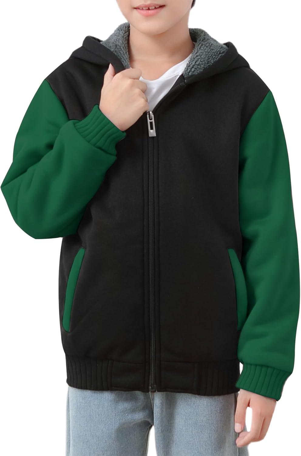 imageZITY Boys Zip Up Hoodie Fleece Jacket Kids Sherpa Lined Sweatshirts Outerwear Unisex Warm Winter Coat 615 Years OldBlack Green