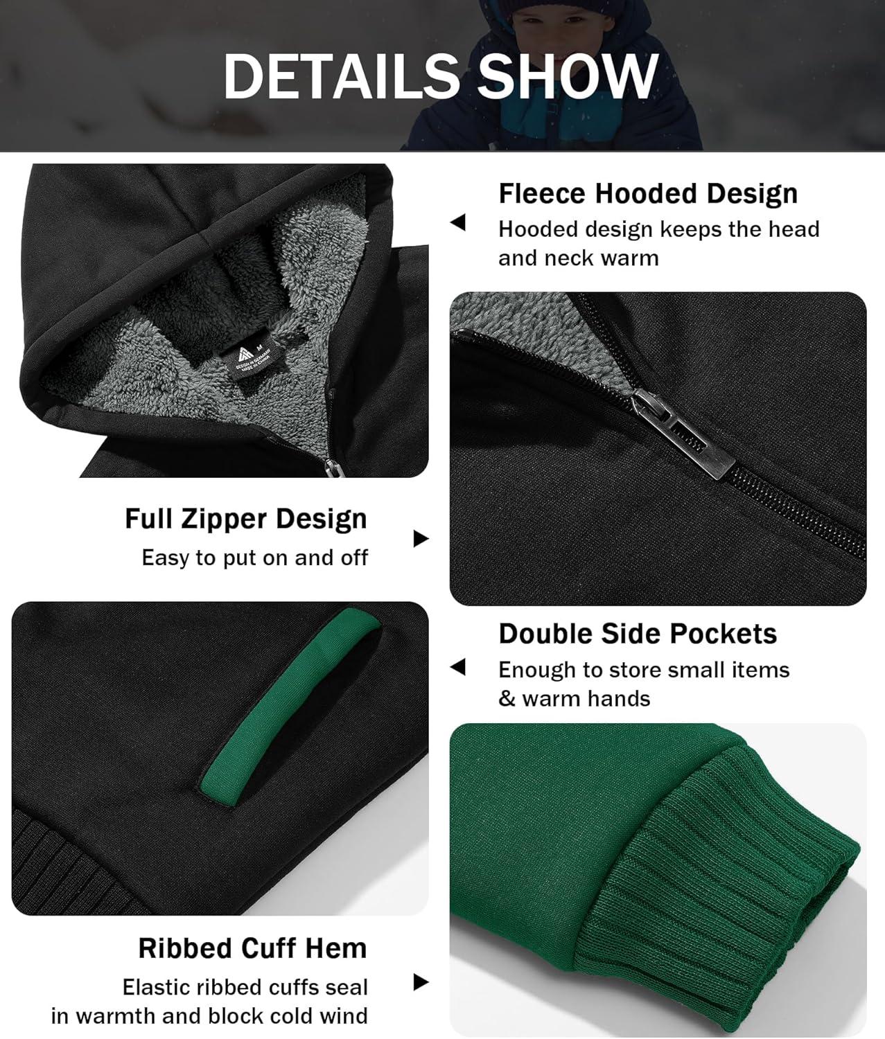 imageZITY Boys Zip Up Hoodie Fleece Jacket Kids Sherpa Lined Sweatshirts Outerwear Unisex Warm Winter Coat 615 Years OldBlack Green