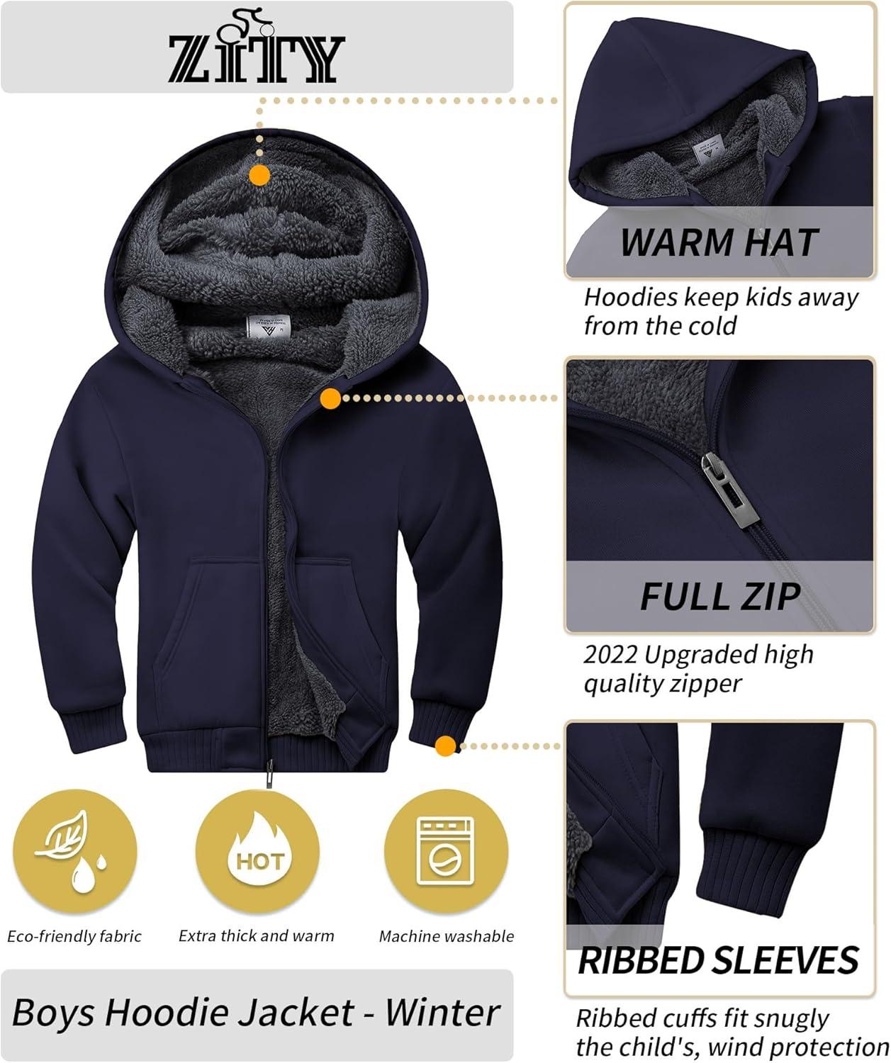 imageZITY Boys Zip Up Hoodie Fleece Jacket Kids Sherpa Lined Sweatshirts Outerwear Unisex Warm Winter Coat 615 Years OldBlue