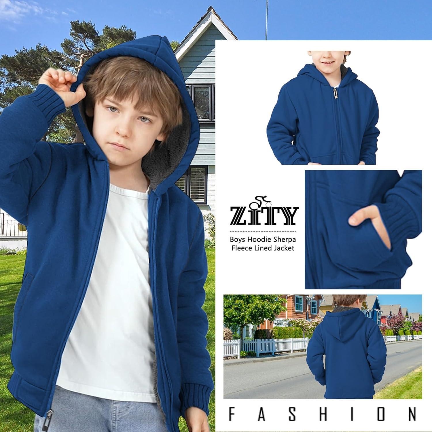 imageZITY Boys Zip Up Hoodie Fleece Jacket Kids Sherpa Lined Sweatshirts Outerwear Unisex Warm Winter Coat 615 Years OldDeep Blue