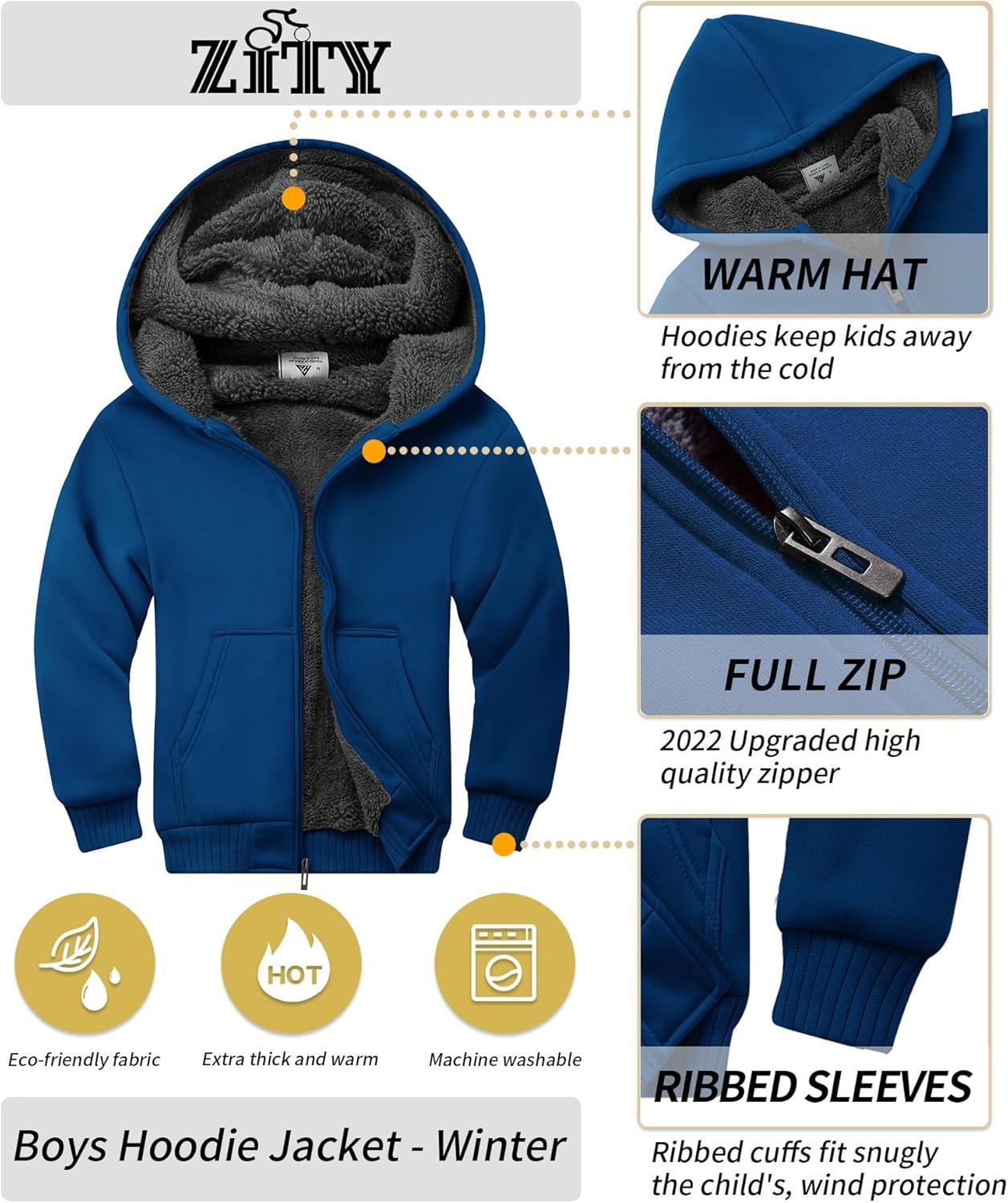 imageZITY Boys Zip Up Hoodie Fleece Jacket Kids Sherpa Lined Sweatshirts Outerwear Unisex Warm Winter Coat 615 Years OldDeep Blue
