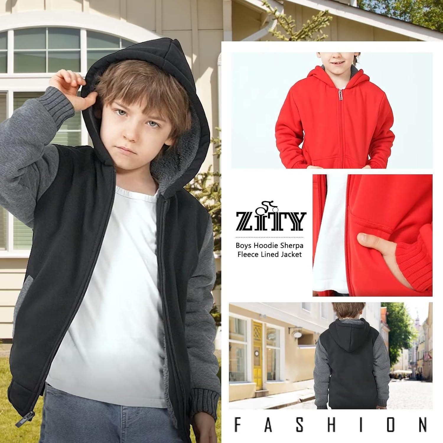 imageZITY Boys Zip Up Hoodie Fleece Jacket Kids Sherpa Lined Sweatshirts Outerwear Unisex Warm Winter Coat 615 Years OldRed
