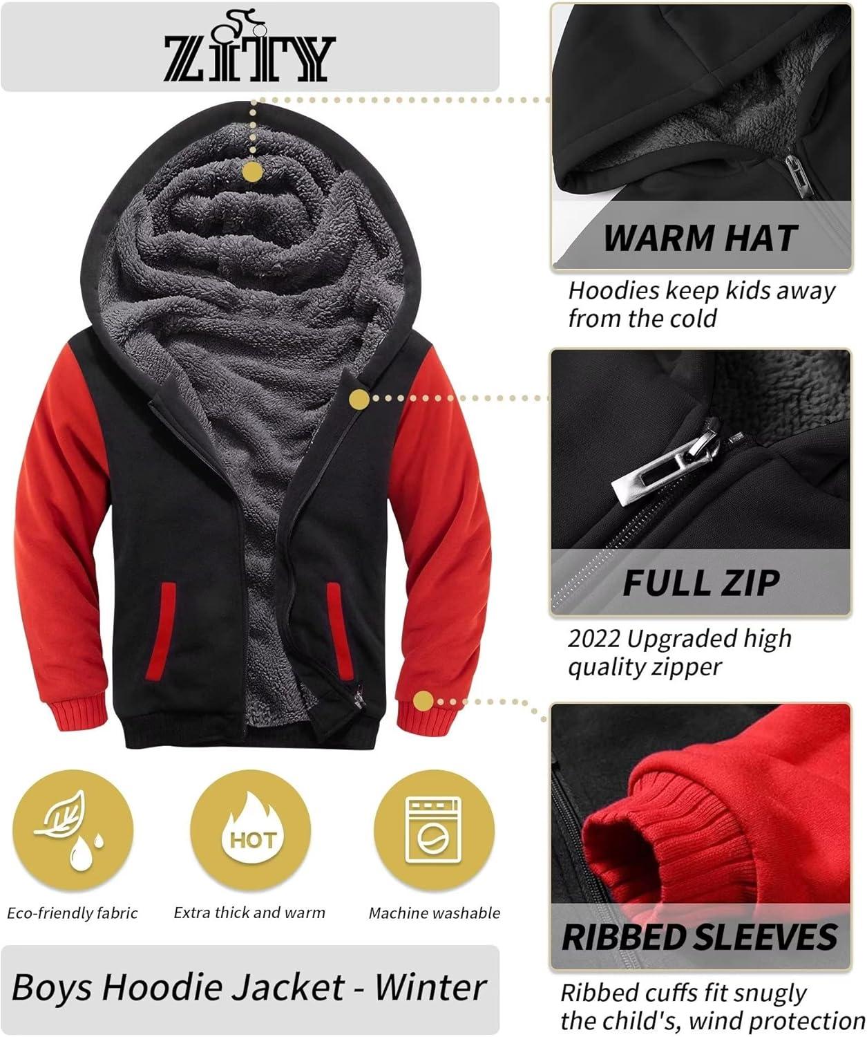imageZITY Boys Zip Up Hoodie Fleece Jacket Kids Sherpa Lined Sweatshirts Outerwear Unisex Warm Winter Coat 615 Years OldRed Black