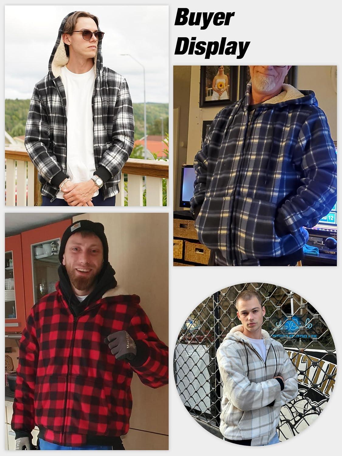 imageZITY Heavy Thick Hoodies for Men Plaid Flannel Warm Sherpa Fleece Lined Winter Full Zip Up CoatBlack