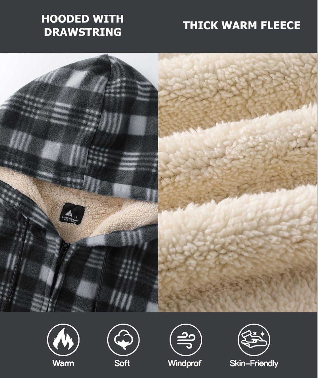 imageZITY Heavy Thick Hoodies for Men Plaid Flannel Warm Sherpa Fleece Lined Winter Full Zip Up CoatBlack Gray