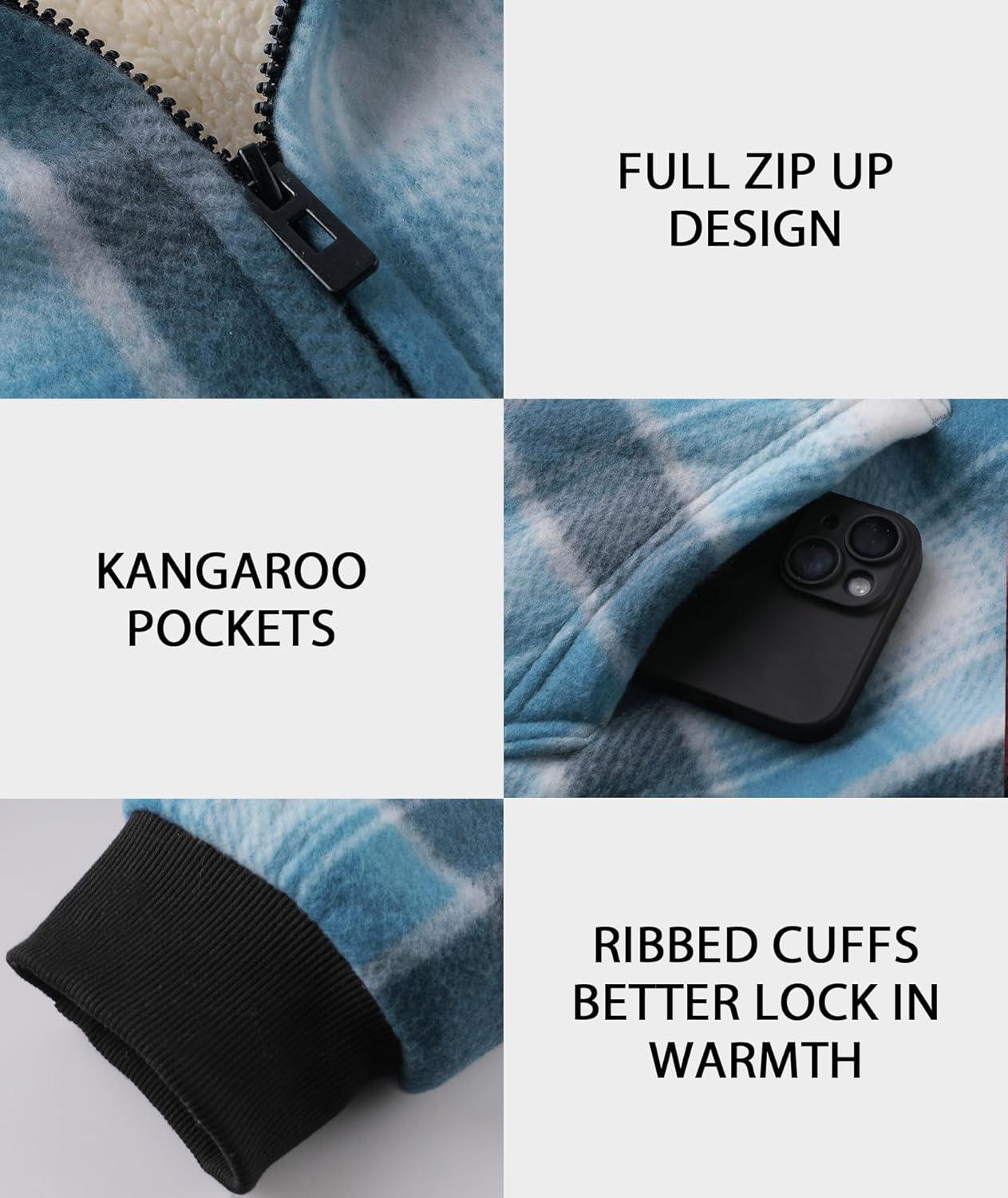 imageZITY Heavy Thick Hoodies for Men Plaid Flannel Warm Sherpa Fleece Lined Winter Full Zip Up CoatLight Blue White