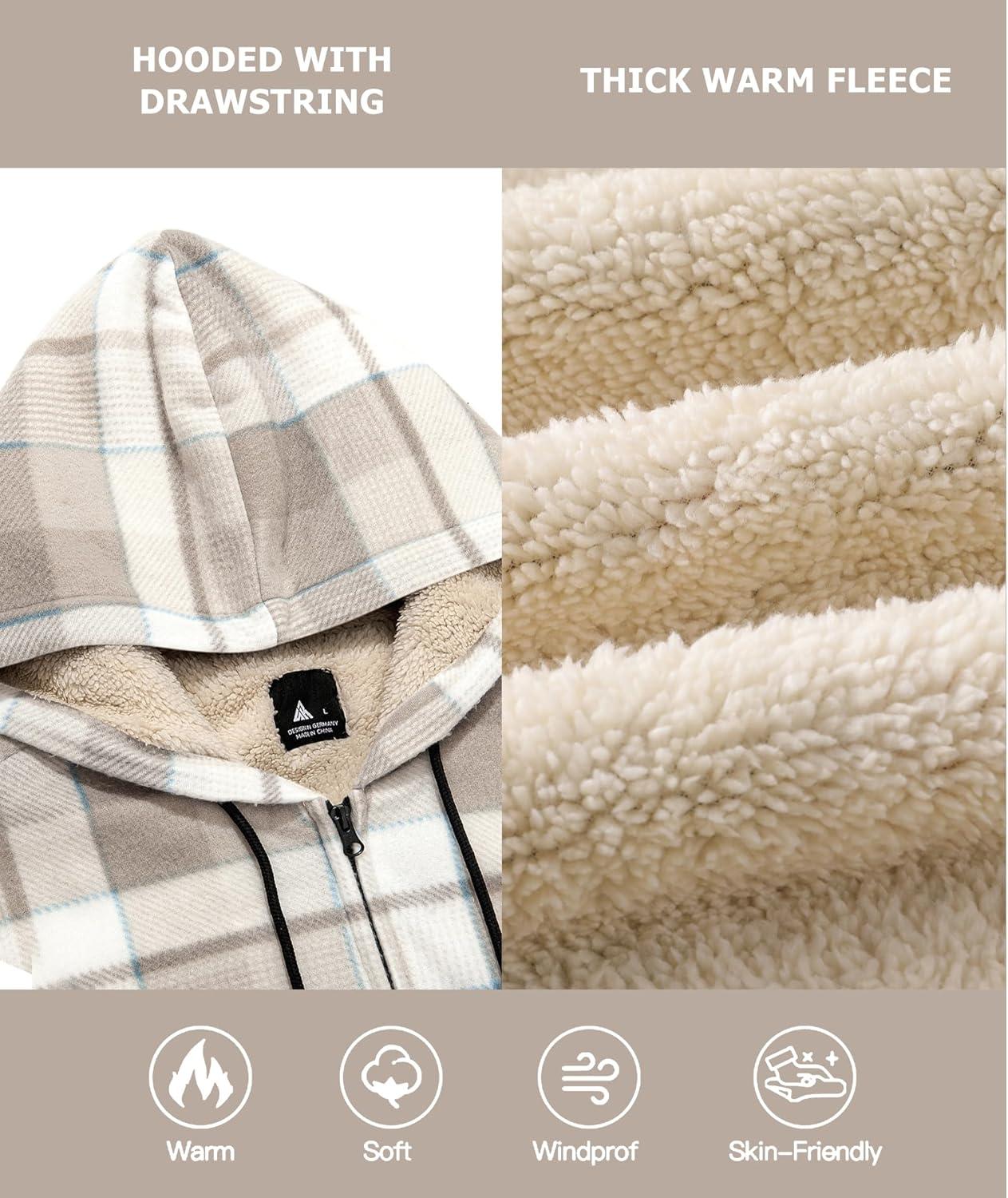 imageZITY Heavy Thick Hoodies for Men Plaid Flannel Warm Sherpa Fleece Lined Winter Full Zip Up CoatLight Gray White